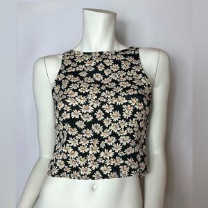 Brandy Melville Daisy Floral Black Sleeveless Back Zip Crop Top